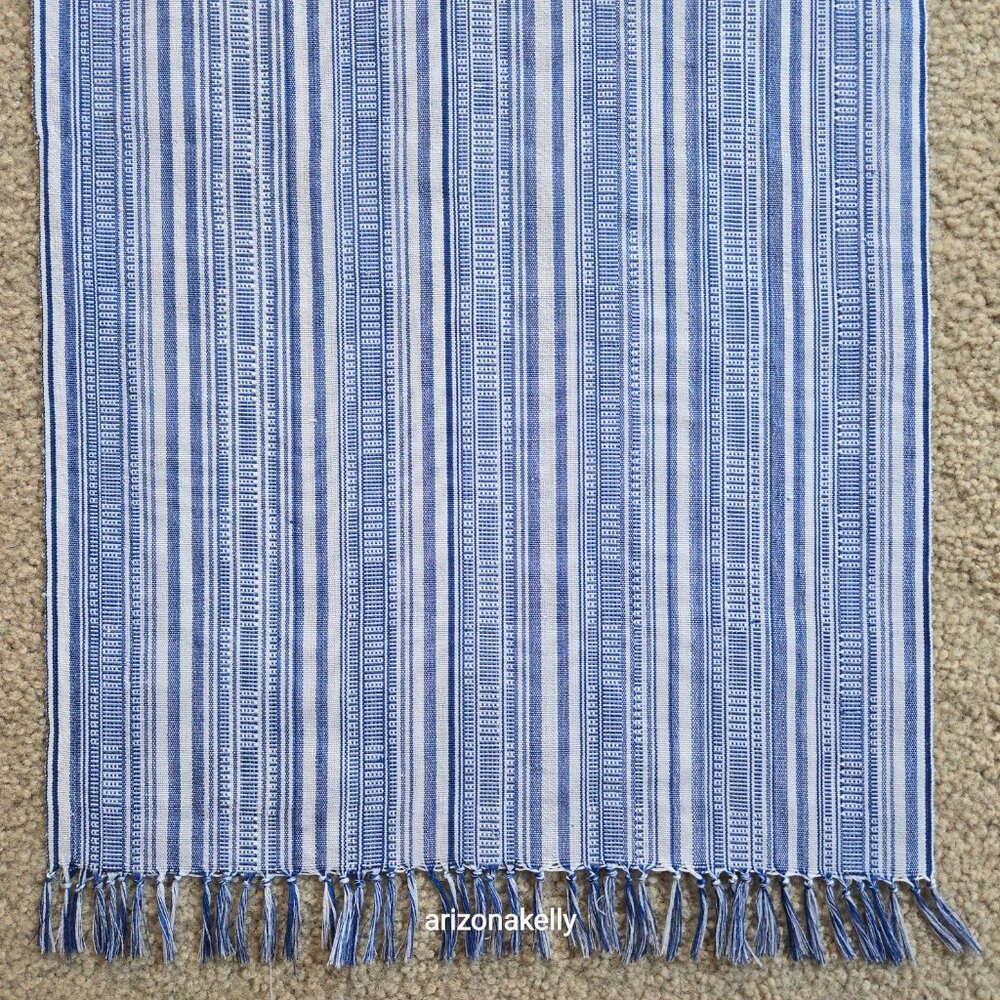Cotton Linen Woven Scarf Blue & White - Picture 4 of 14